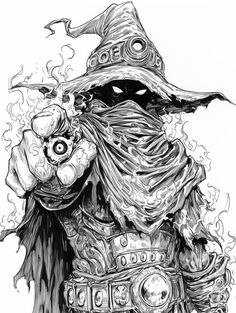 a black and white drawing of a wizard