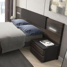 a bedroom with a bed, night stand and nightstand