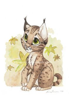 a drawing of a cat with green eyes sitting on the ground next to some leaves