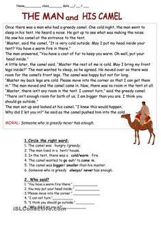 the man and his camel worksheet with answer sheet for grade 1 students to practice reading