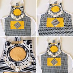 four pictures of aprons with different patterns and designs on them, one is yellow