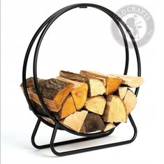 a stack of firewood in a metal holder