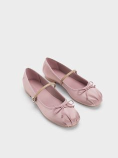 Pink Satin Bow Mary Jane Flats - CHARLES & KEITH US White Ballet Flats, Pink Flats, Pink Girly Things, Faux Leather Heels, Pointe Shoes, Charles Keith, Mary Jane Heels, Mary Jane Flats, Satin Bow