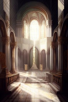 an artist's rendering of a church with sunlight streaming through the windows and pews