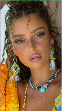 This makeup look is all about subtle sophistication, perfect for brides who prefer a natural appearance.\n\nPhoto credit by: itakeyou.co.uk\n Festival Hair And Makeup Ideas, Festival Makeup Colorful, Burning Man Makeup Ideas, Festival Fashion 2024, Maquillaje Festival Coachella, Boho Makeup Ideas, Maquillage Festival Coachella, Make Up Coachella, Hippie Makeup Looks Boho Style