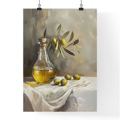 an oil painting of olives in a glass bottle on a table with a white cloth