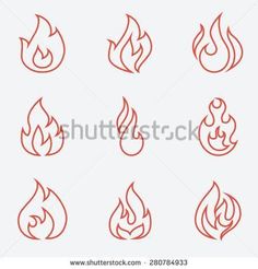 set of fire flames in different shapes and sizes, red outline on white background stock photo