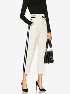 Women Color Block Spring Urban Polyester Natural Regular Fit Commuting H-Line Regular Fashion Pants Color Block Fashion, Urban Shirt, Colour Blocking Fashion, Fashion Black And White, Fitted Cardigan, Pants White, Tapered Pants, Fashion Elegant, Elegant Shirt