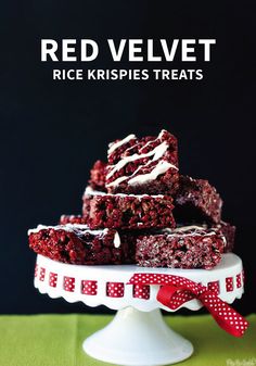 red velvet rice krispies treats on a white cake platter with the title overlay