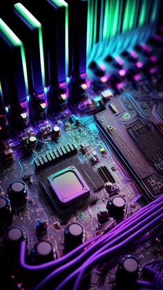 the inside of a computer motherboard with colorful lights