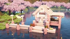 Lake House In Minecraft, Minecraft Building Ideas Aquarium, Cherry Blossom Fishing Dock Minecraft, Cherry Blossom Horse Stables Minecraft, Koi Fish Pond Minecraft, Minecraft Barn Cherry Blossom, Minecraft Building Ideas Dock, Cute Boat Dock Minecraft, Fishing Docks Minecraft