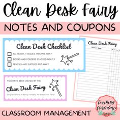 the clean desk fairy notes and coupons are on display in this classroom management printable