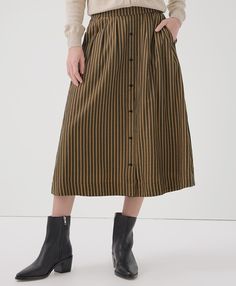 Women’s Sunset Lightweight Cotton Button Skirt made with Organic Cotton | Pact Beige Relaxed Skirt With Button Closure, Casual Skirt With Button Cuffs For Work, Long Skirt With Button Closure For Work, Workwear Long Skirt With Button Closure, Long Skirt Bottoms With Button Closure For Workwear, Brown Skirt With Button Closure, Relaxed Brown Skirt With Buttons, The Curated Closet, Button Skirt