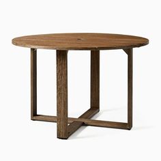 a round wooden table with metal legs and a circular wood table top on an isolated white background