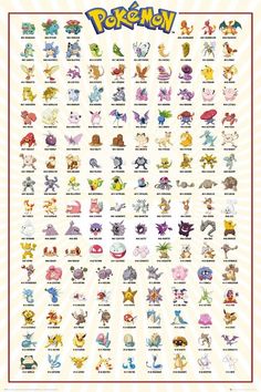 pokemon poster with all the characters and their names in each letter, which are on top of