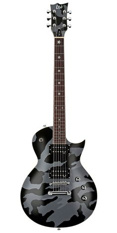 an electric guitar with camouflage print on the body and neck, in front of a white background