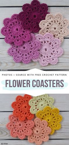 crocheted flower coasters with text overlay that reads, photos - source with free crochet pattern