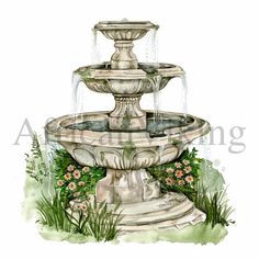 a water fountain with flowers and grass around it