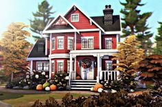 a painting of a red house with pumpkins and flowers on the front porch, surrounded by trees