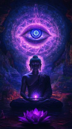 the buddha is sitting in front of an eye