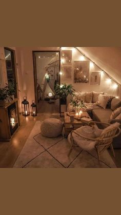 a living room filled with furniture and lights