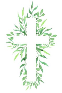 the cross is surrounded by green leaves on a white background, as if it were painted in watercolor