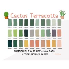 the swatch palette for cactus terracotta is shown in shades of green, yellow and