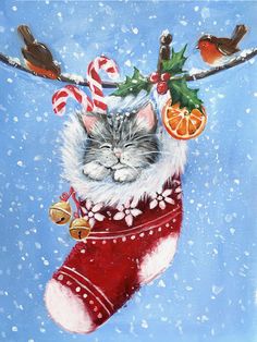 a painting of a cat in a christmas stocking with oranges and birds on it