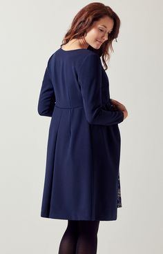 Cut with elegance, this rich blue collarless maternity coat feels utterly timeless. Roma has a relaxed regal feel in a gently textured matt finish with smart, clean lines to slip beautifully over our maternity dresses. Full-length sleeves give you extra cover and warmth with a neat ornamental braided fastening that accentuates the empire line perfectly. Soft pleats fall gently over your bump creating a beautifully tailored silhouette. Just add heels and a little sparkle to make occasions altoget Rose Tiffany, Maternity Wedding Dresses, Maternity Wedding, Tiffany Rose, Baby Feeding Set, Pregnant Wedding Dress, Matte Fabric, Party Clothes, Maternity Coat