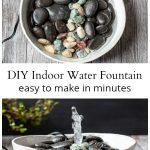 two pictures showing different types of rocks in a bowl and the same one with water running out of it