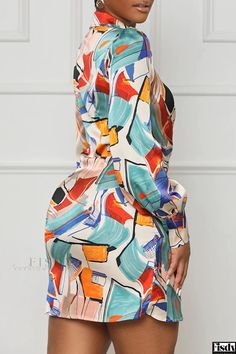 Fisdy - Women's Vacation Essentials Minidress with Front Tie Detailing Multicolor Long Sleeve Mini Dress With Graphic Print, Multicolor Long-sleeve Mini Dress With Graphic Print, Multicolor Graphic Print Mini Dress With Long Sleeves, Multicolor Graphic Print Long Sleeve Mini Dress, Multicolor Printed Mini Dress For Night Out, Multicolor Printed Mini Dress For Party, Dress With V Neck, Ombre Print, Suits Clothing