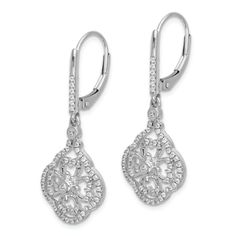 Rhodium over 14K white gold polished fancy dangle earrings with 0.556 cttw round lab grown diamonds. Measures approximately 1 7/16"L x 3/4"W and have a leverback clasps. Elegant Silver Diamond Earrings With Pave Setting, Classic Dangle Diamond Earrings With Accents, Classic Cubic Zirconia Earrings With Elegant Design, Elegant Diamond White Earrings With Lever Back, Classic Diamond White Chandelier Earrings With Diamond Accents, Classic Diamond White Chandelier Earrings, Classic Sterling Silver Chandelier Earrings With Diamond Cut, Classic Silver Chandelier Earrings With Diamond Cut, Classic Sterling Silver Chandelier Earrings For Anniversary