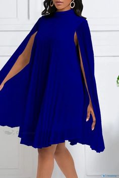 OrcaJump - Chic Deep Blue Patchwork A-line Dress with Half Turtleneck, perfect for Casual Wear Plus Size Elegant Dresses, Line Dresses, Chiffon Fashion, Long Sleeve Dresses, A Line Dresses, Cape Dress, Sleeve Dresses, Leather Outfit, Plus Size Dress