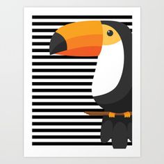 a toucan bird sitting on top of a tree branch in front of black and white stripes