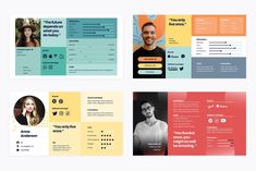 three fold brochure design with different colors and shapes, including two men in the background