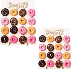 there are two pictures that have donuts on them and one is pink, the other is brown