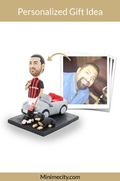 a personalized gift idea with a car and soccer player figurine next to it