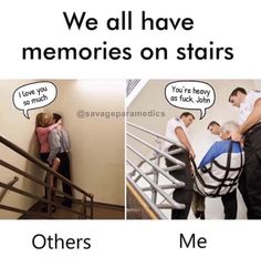 there are two pictures with people on the stairs