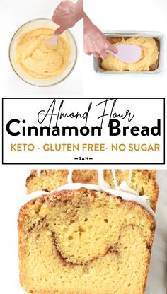 there is a loaf of cinnamon bread with icing on it and the title reads, almond flour keto - gluten free no sugar