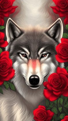 a wolf surrounded by red roses on a black background