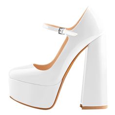 White Platform Pointed Toe Chunky Square High Heels Pumps – Onlymaker Plus Size Shoes, Summer Pumps, Chunky Heel Shoes, Party Heels, Platform Mary Janes, Pu Heels, Drag Queens, Mary Jane Pumps, Formal Shoes For Men