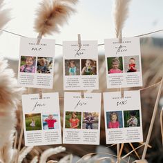 a bunch of pictures hanging on a clothes line with some dry grass in the background