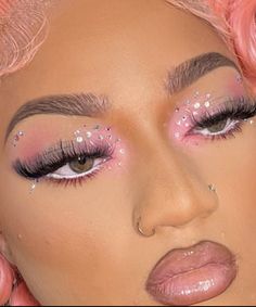 Pink Bday Makeup Looks, Pink Diamond Makeup Looks, Prom Makeup Looks Pink, Barbie Pink Makeup Looks Black Women, Prom Makeup With Pink Dress, Light Pink Makeup With Gems, Pink Bday Makeup, Pink Prom Makeup Looks Black Women, Pink And Silver Makeup Looks Black Women