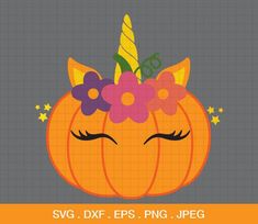 an orange pumpkin with flowers and a unicorn horn on it's head is surrounded by stars