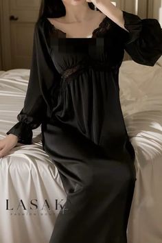 Lasaky - Charming Womens Vintage-Style Long Satin Lace Nightgown Sleepdress for Elegantly Comfortable Nights Ulzzang Outfit, Victorian Nightgown, Black Nightgown, Lace Nightgown, Vintage Nightgown, Details Pictures, Vintage Gowns, Nightgowns For Women, Crewneck Dress