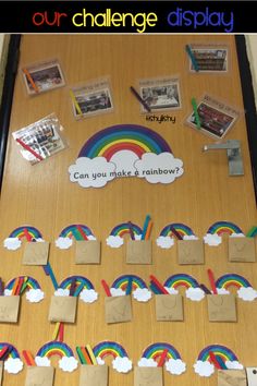 a bulletin board with rainbows and pictures on it that say, our challenge display can you make & rainbow?