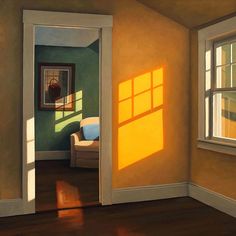 a painting of an empty room with sunlight coming in through the window and onto the floor