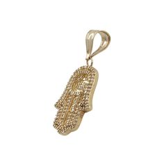 Step into a realm of spiritual elegance with the 10k Yellow Gold Hamsa Pendant adorned with white gemstones. This finely crafted piece boasts a pendant length of 17.5mm and a width of 31mm, perfectly balancing size and subtlety. The Hamsa style adds a touch of ancient mystique to contemporary charm. Cast in lustrous yellow gold of 10k purity, the pendant carries a weight of 3.1g, making it a delightful accessory for any occasion. Let the delicate shimmer of the white gemstones inspire a sense of Symbolic Diamond Jewelry With Gemstones, Diamond White Jewelry With Pendant Charms, Symbolic Diamond Charms Jewelry, Cubic Zirconia Pendant Jewelry With Stones, Cubic Zirconia Stone Pendant Jewelry, Spiritual Yellow Gold Jewelry With Stone Setting, Spiritual White Gold Pendant Jewelry, White Diamond Spiritual Jewelry, Spiritual White Diamond Jewelry