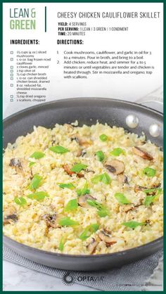 an image of a recipe for chicken cauliflower skillet with instructions on the side