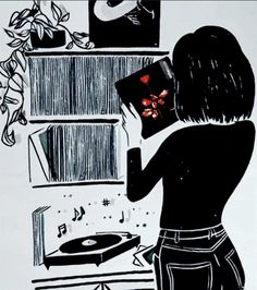 a drawing of a person with a record player in front of a shelf and plant